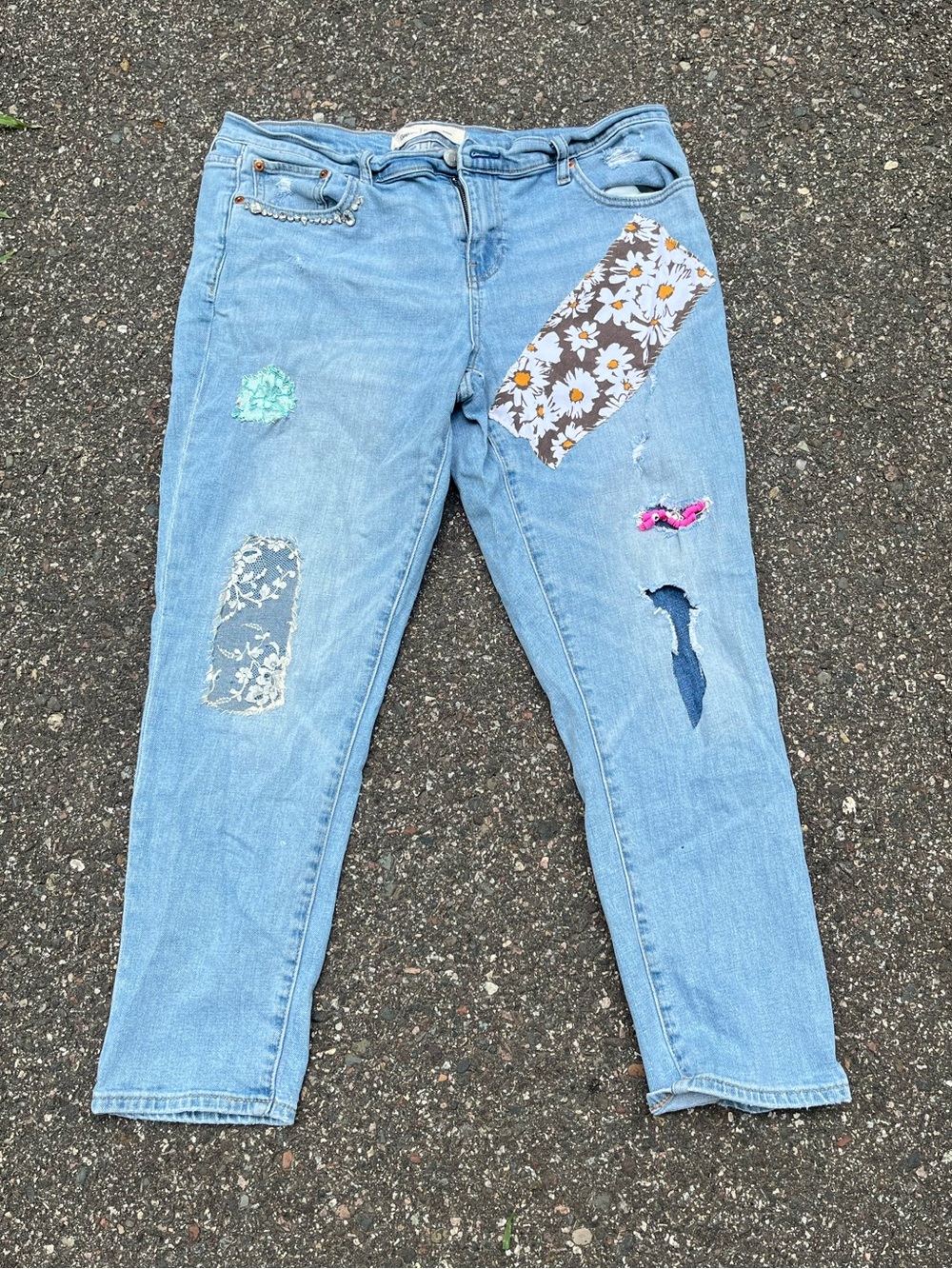 GAP Light Blue Patchwork Boyfriend Jeans with Floral Accents
